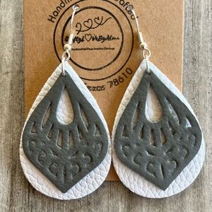 Cute White Teardrop with Grey Geometrical Engraved Style Faux Leather Earrings